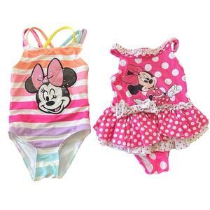 2 MINNIE MOUSE Disney‎ Baby Girl Swimsuits pink 1pc Swim Bundle months 18-24 M